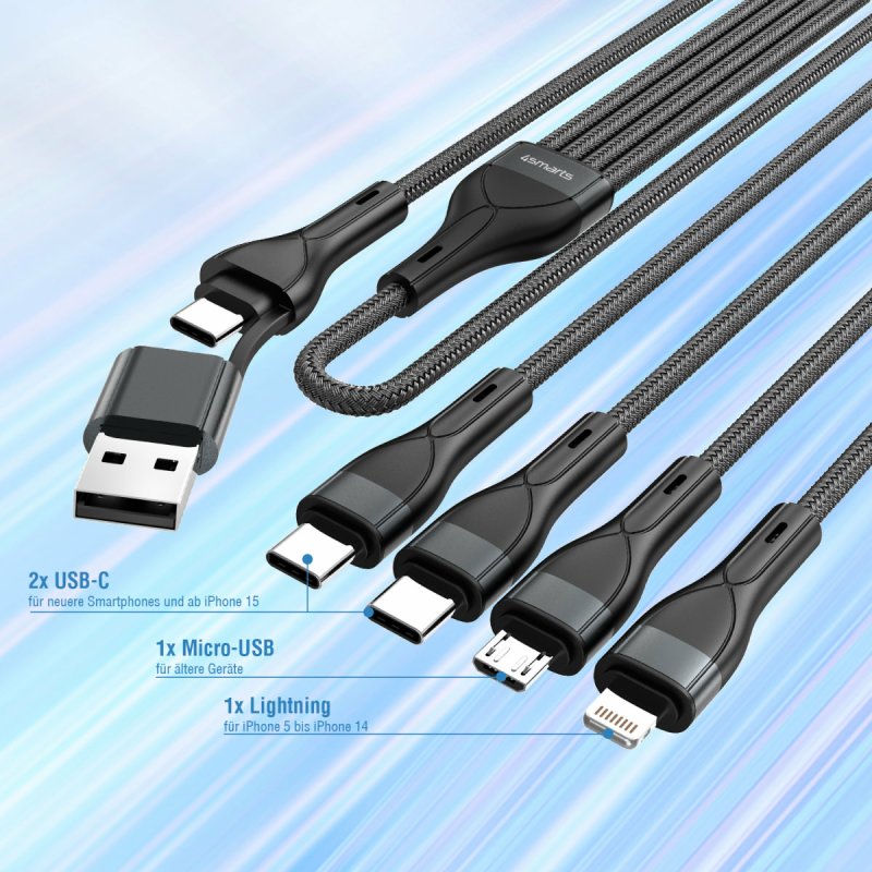 4smarts 541023 câble USB 1,2 m USB A/USB C USB C/Micro USB-A/Lightning Noir