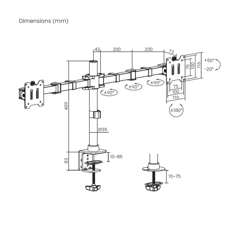 SOPORTE AISENS MESA ECO GIRA E INCLINA MONI 20KG (3 PIV 2 BRAZOS) 17"-35"