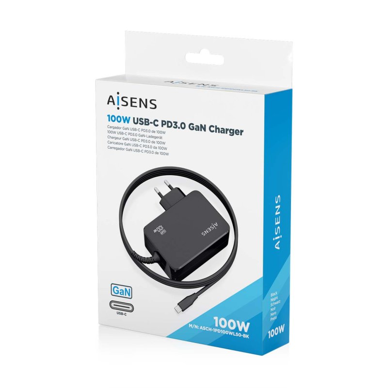 CARGADOR AISENS GAN 100W PD3.0 1XUSB-C 1.8M NEGRO