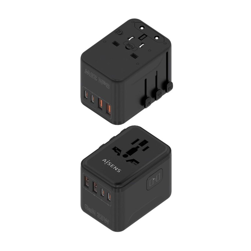 ADAPTADOR AISENS ENCHUFE UNIVERSAL VIAJE CARGADOR USB GAN 25W NEGRO