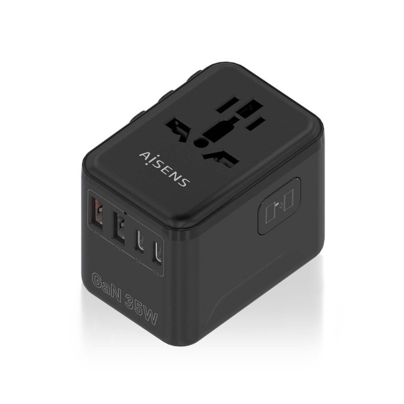 ADAPTADOR AISENS ENCHUFE UNIVERSAL VIAJE CARGADOR USB GAN 35W NEGRO