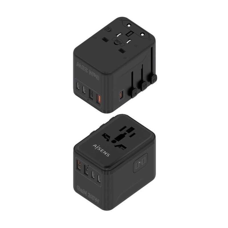 ADAPTADOR AISENS ENCHUFE UNIVERSAL VIAJE CARGADOR USB GAN 35W NEGRO