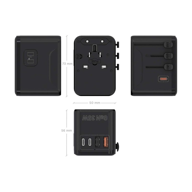 ADAPTADOR AISENS ENCHUFE UNIVERSAL VIAJE CARGADOR USB GAN 35W NEGRO