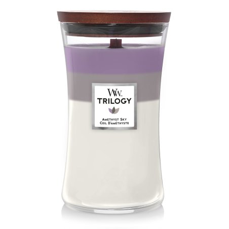 WoodWick Amethyst Sky Trilogy bougie en cire Cylindre Ambre, Jasmin, Lavande, Cuir, Bois de santal, Suédine, Vanille,