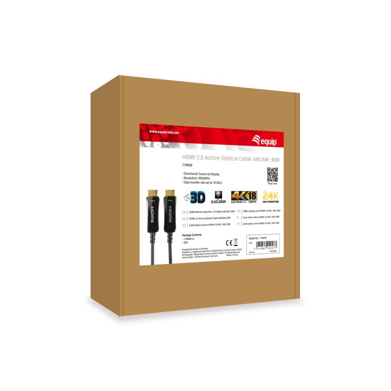 Equip 119430 Câble optique actif HDMI 2.0, 30m, 4K/60Hz
