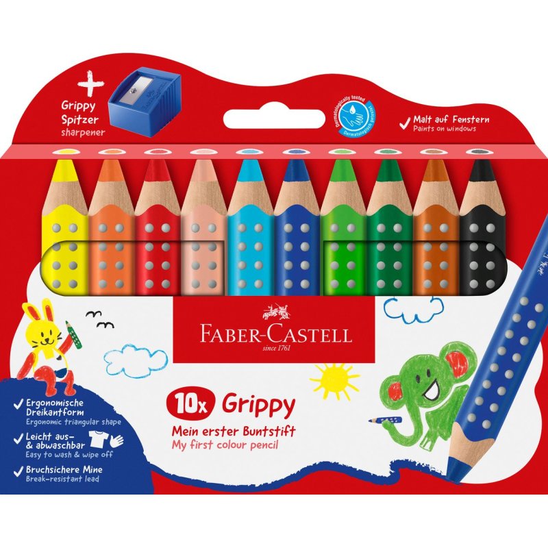 FABER-CASTELL Crayon de couleur Grippy, étui carton de 10