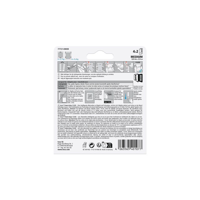 tesa Bande auto-agrippante Powerstrips CLICK, medium, blanc