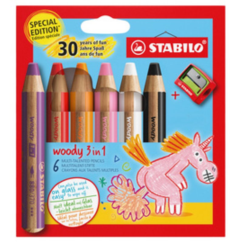 STABILO Crayon multi-talents woody 3 en 1, étui de 6 Licorne