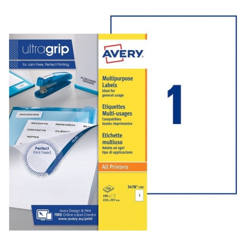 Avery 3478-100 papier jet d'encre A4 (210x297 mm) 100 feuilles Blanc