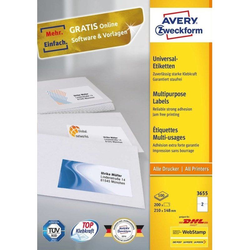 Avery 3655 self-adhesive label Rectangle Permanent White 200 pc(s)