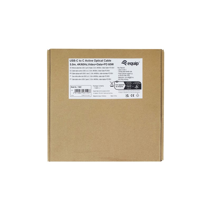 Equip USB-C to C Active Optical Cable, M/M, 5.0m, PD 60W, 4K/60Hz, 10Gbps, Video Data PD