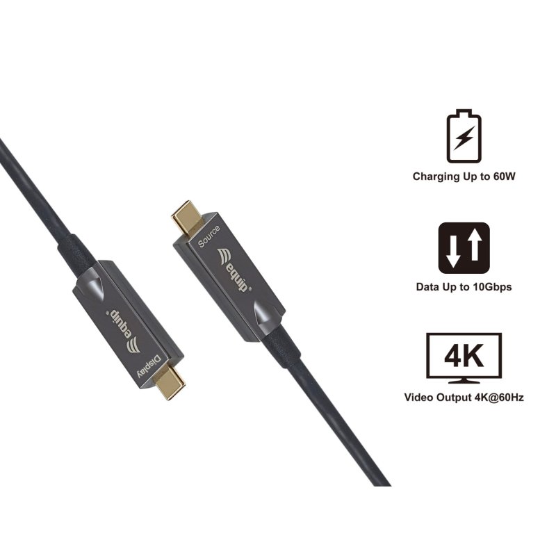 Equip 119462 Câble optique actif USB-C vers C, M/M, 10m, PD 60W, 4K/60Hz, 10Gbps, Vidéo Données PD