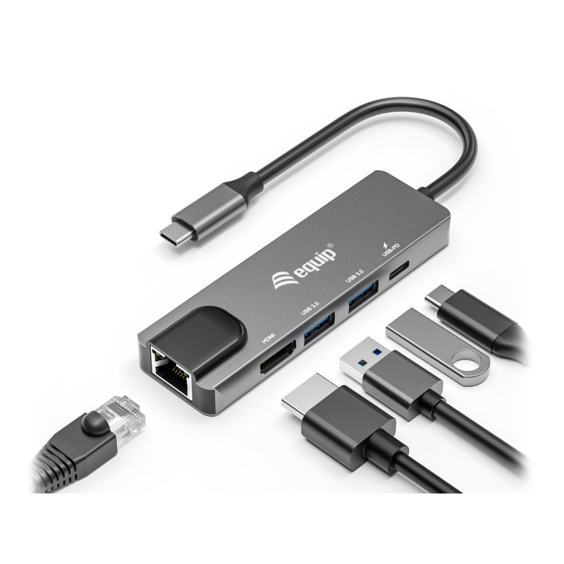 Equip USB-C 5 in1 Multifunction Adapter, HDMI, Gigabit LAN, USB 3.2 GEN1, 100W USB PD
