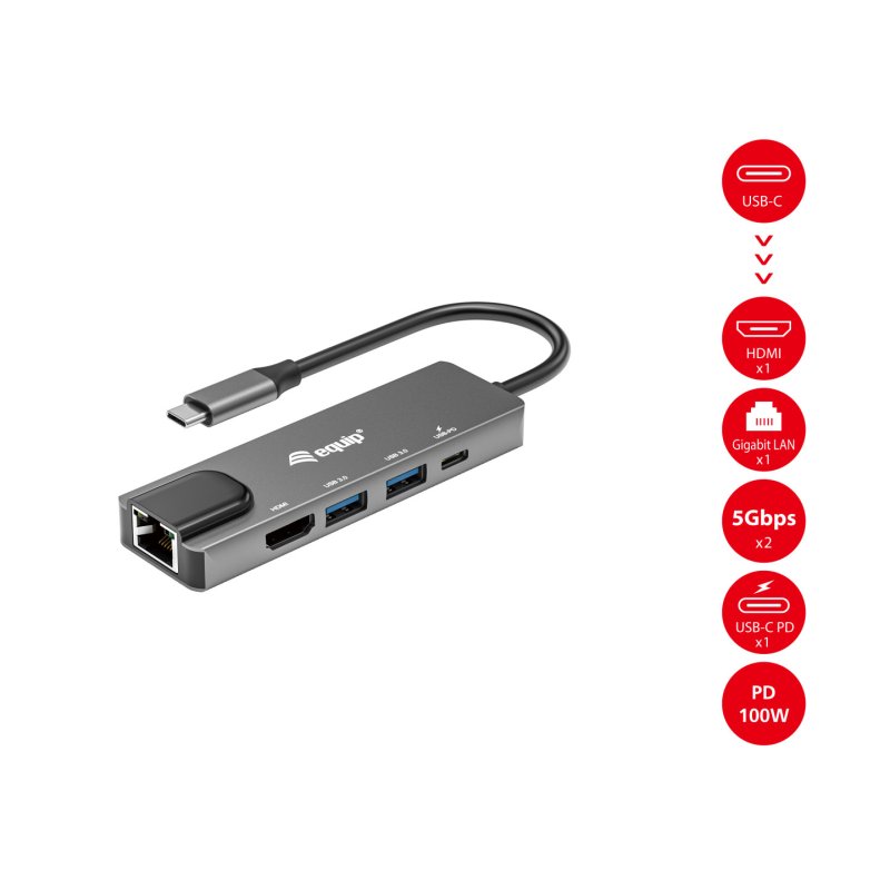 Equip Dock USB-C-HDMI.2xUSB3.0.GbE.100WPD 25cm si