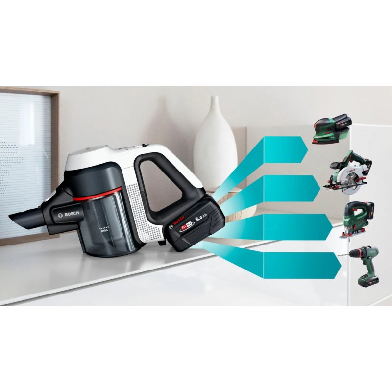 Bosch BSS715CARP aspirateur balai et balai électrique Batterie Sec Sans sac 0,3 L Noir, Argent, Blanc 5 Ah