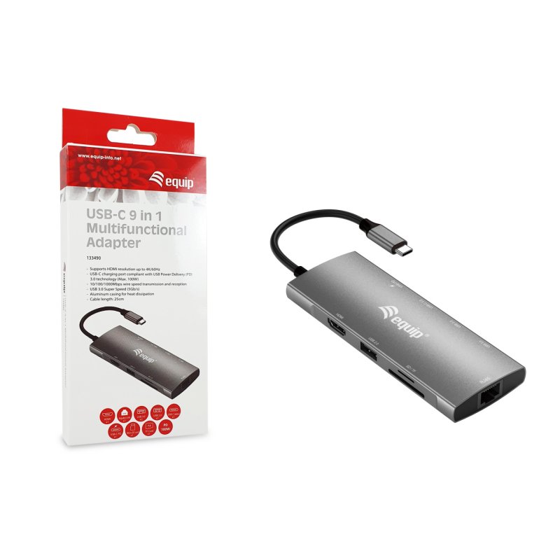 Equip USB-C 9 in 1 Multifunctional Adapter, HDMI 4K/60Hz, Gigabit LAN, USB 3.2 GEN1, SD/TF, 100W USB PD