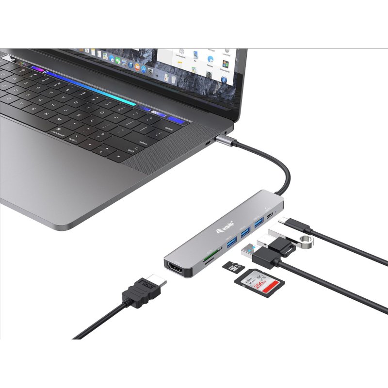 Equip 133494 Adaptateur multifonction USB-C 7 en 1, HDMI 4K/60Hz, USB 3.2 Gen1 x 3 , TF/MICRO SD, 100W USB PD