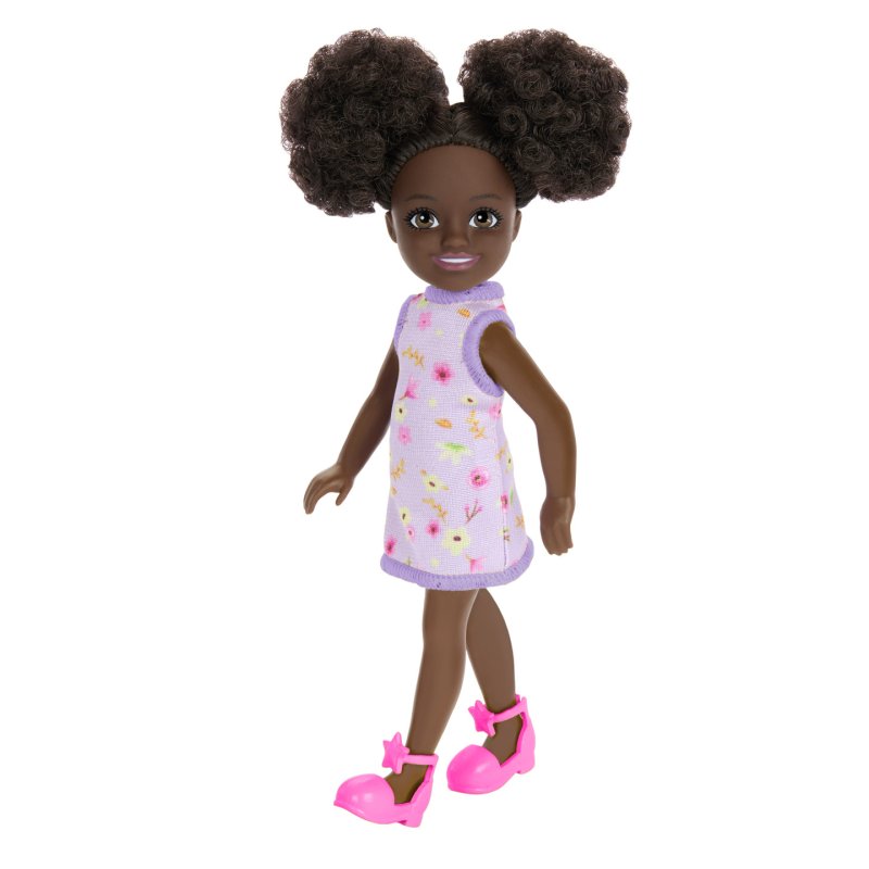 Barbie - Chelsea Doll, Small Doll - Purple Floral Dress With Space Buns & Brown Eyes (HXM96)