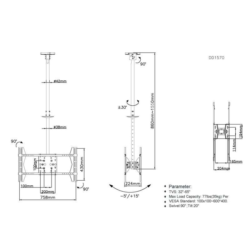 Equip 650370 Support TV double écran 32« -75 » pour montage au plafond