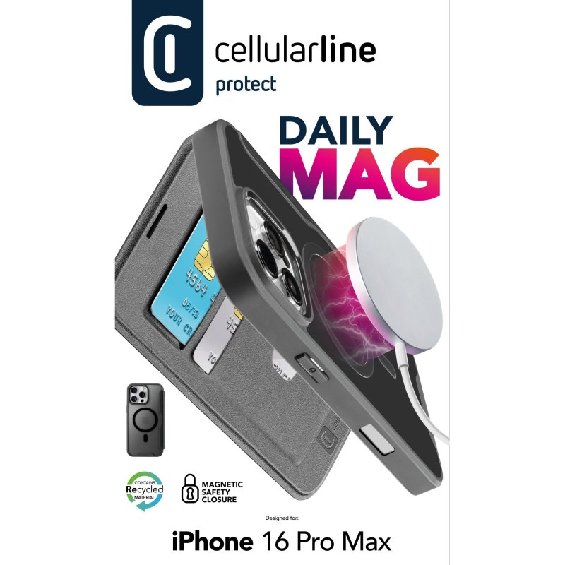 Cellularline Daily Mag - iPhone 16 Pro Max Book cover with semi-transparent hard back compatible with Magsafe ecosystem
