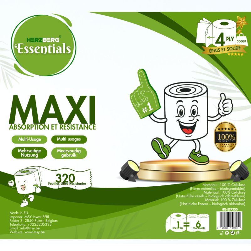 Herzberg Essentials HG-ETP300: Pack of 6 Unscented 4-Ply Biodegradable Cellulose Paper Towel Roll
