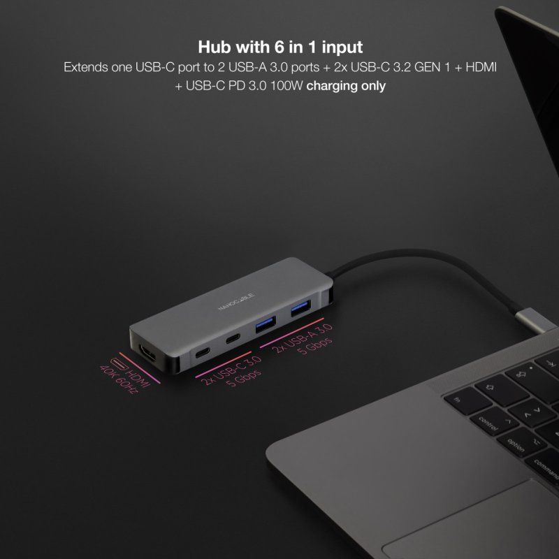 Nanocable USB-C 6-in-1 Hub, USB-C 3.2 GEN1 5G Converter to 2 x USB-A 2 x USB-C HDMI USB-C PD 100W, Aluminum, 15