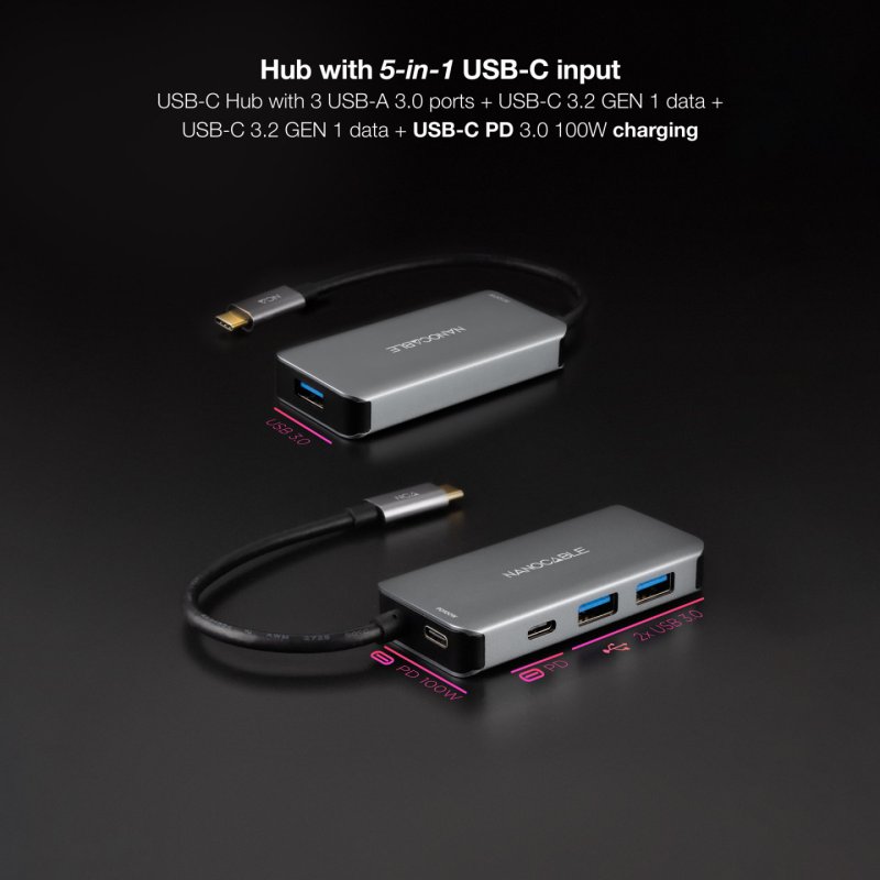 Hub USB-C 3.2 Nanocable - 3x USB-A et 2x USB-C (Gris)