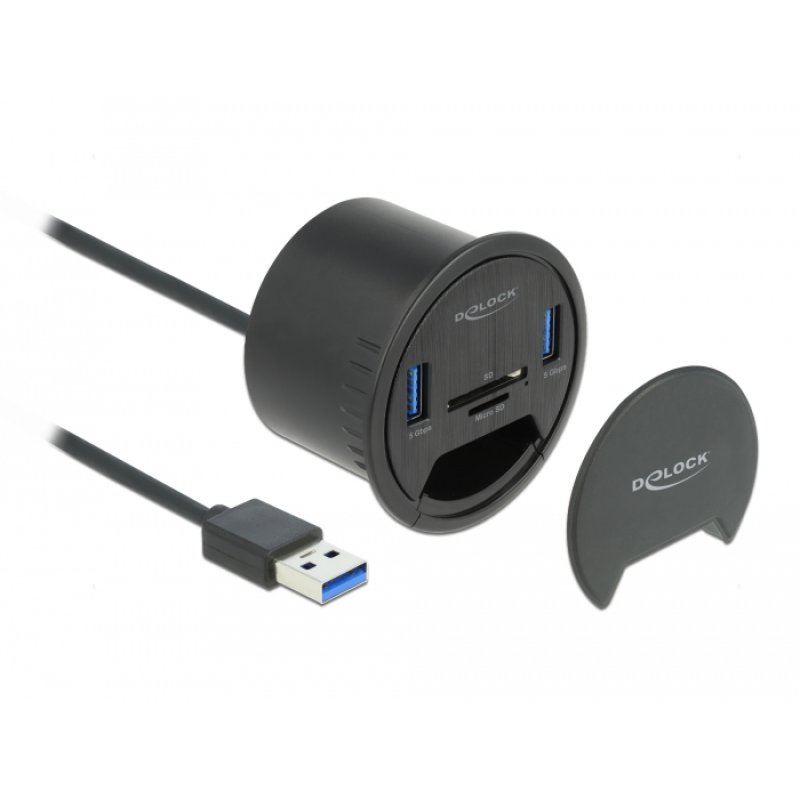 DeLOCK 2 Port Tisch-Hub 2 x SuperSpeed USB Typ-A und Card Reader für SD und Micro