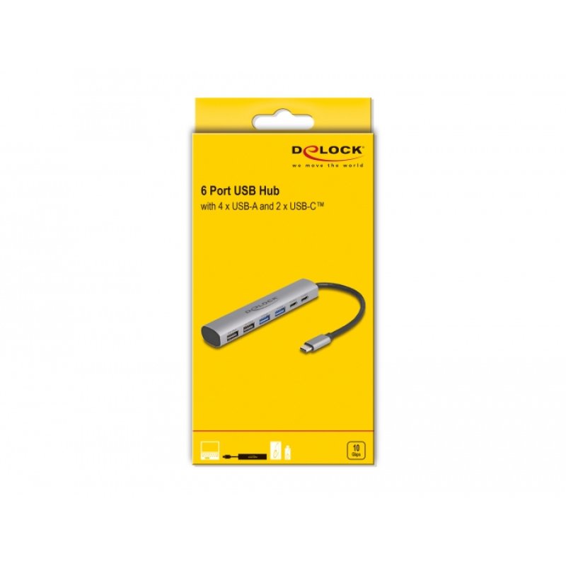 DeLOCK 6 Port USB Hub with 4 x USB Type-A female and 2 x USB Type-C female