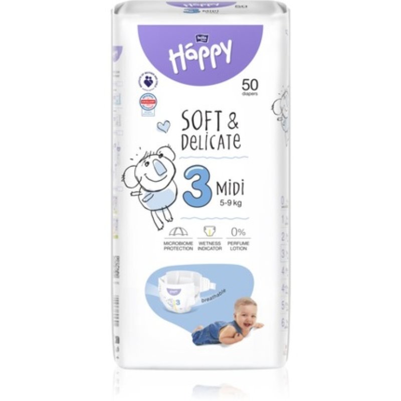 BELLA Happy Soft&Delicate Size 3 Midi Disposable Diaper - 50 pcs, for 5-9 kg