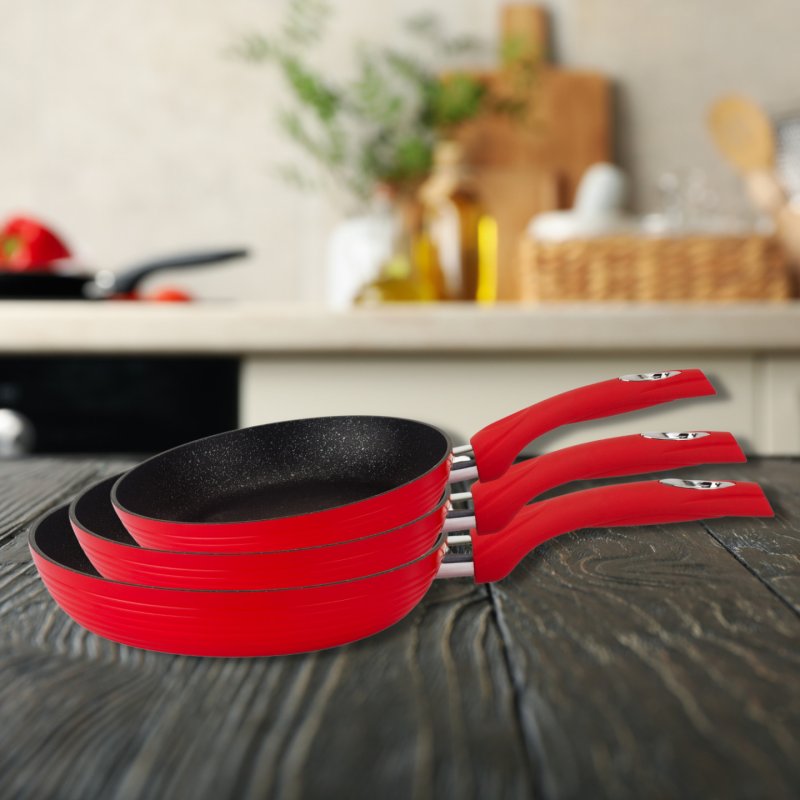 Royalty Line RL-FM3F: Marble Coating Forged Aluminum 3 Pieces Fry Pan Set Red