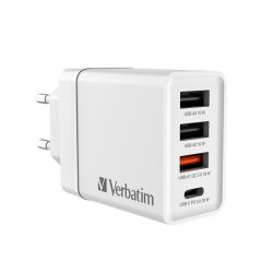 Chargeur secteur Verbatim GaN 3x ports USB-A 1x port USB-C 30W (Blanc)