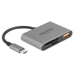 DELOCK USB-C Card Reader fur SD und Micro SD Speicherkarten USB 10 Gbps Typ-A Port und USB Type-C PD 2.0 85 W