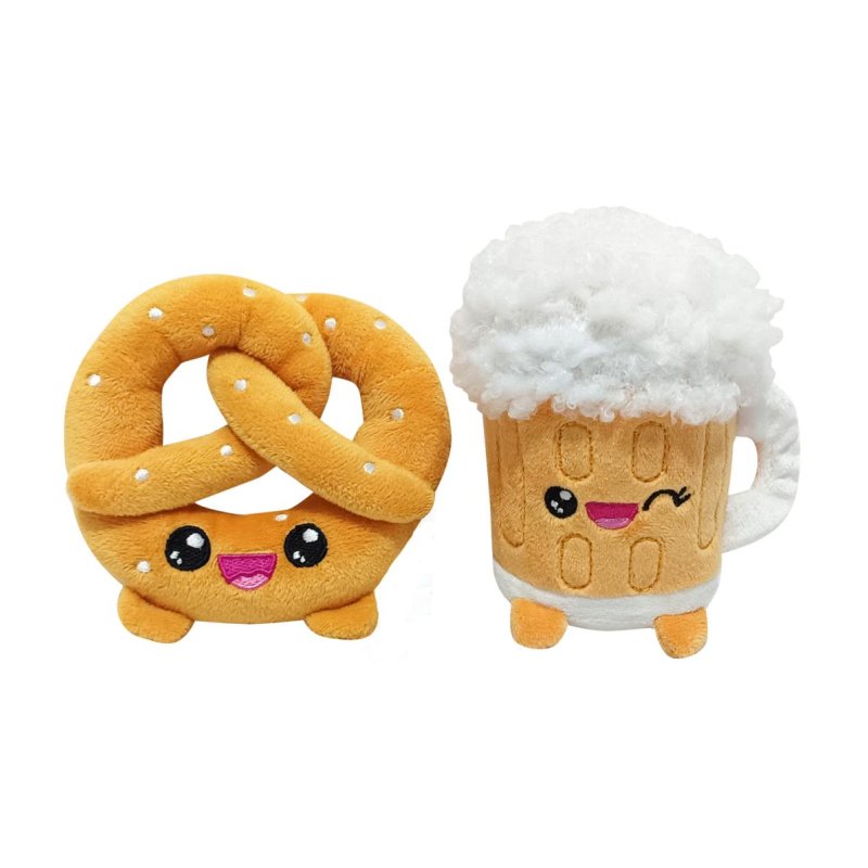 YUMMIES - Bretzel & Bière - 2 Peluche 15cm dans sac en peluche 21x21cm