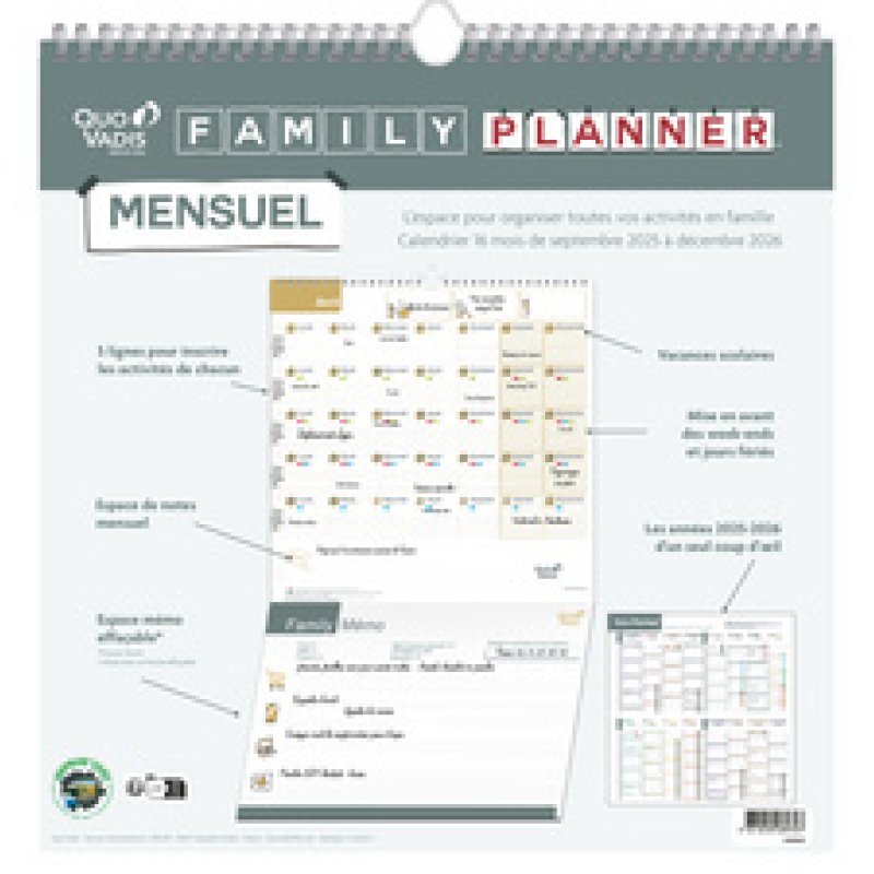 QUO VADIS Calendrier FAMILY PLANNER MENSUEL, 2025/2026