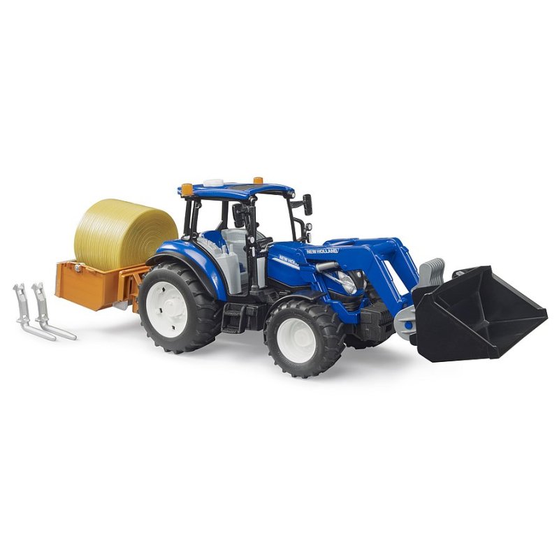 BRUDER New Holland T5.120 mit Frontlader, Ladekasten, Gabeln und Rundballen
