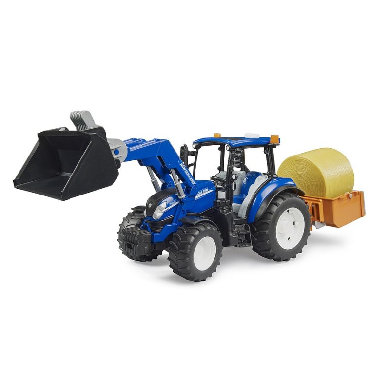 BRUDER New Holland T5.120 mit Frontlader, Ladekasten, Gabeln und Rundballen