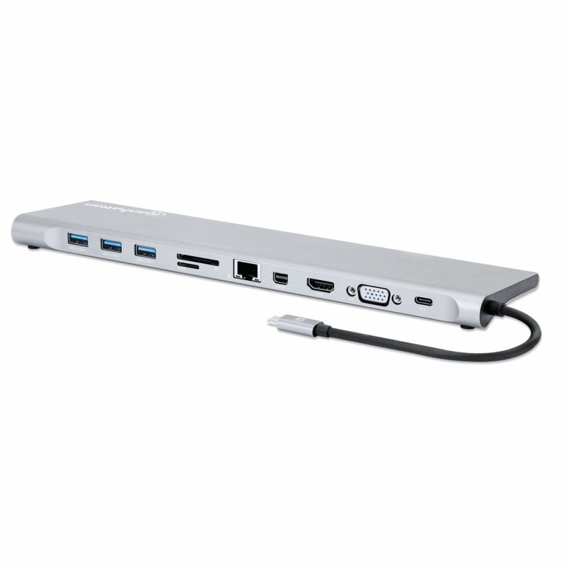 Manhattan USB-C Dock/Hub with Card Reader and MST, Ports (x9): Audio 3.5mm, Mini DP, Ethernet, HDMI, USB-A (x3), USB-C