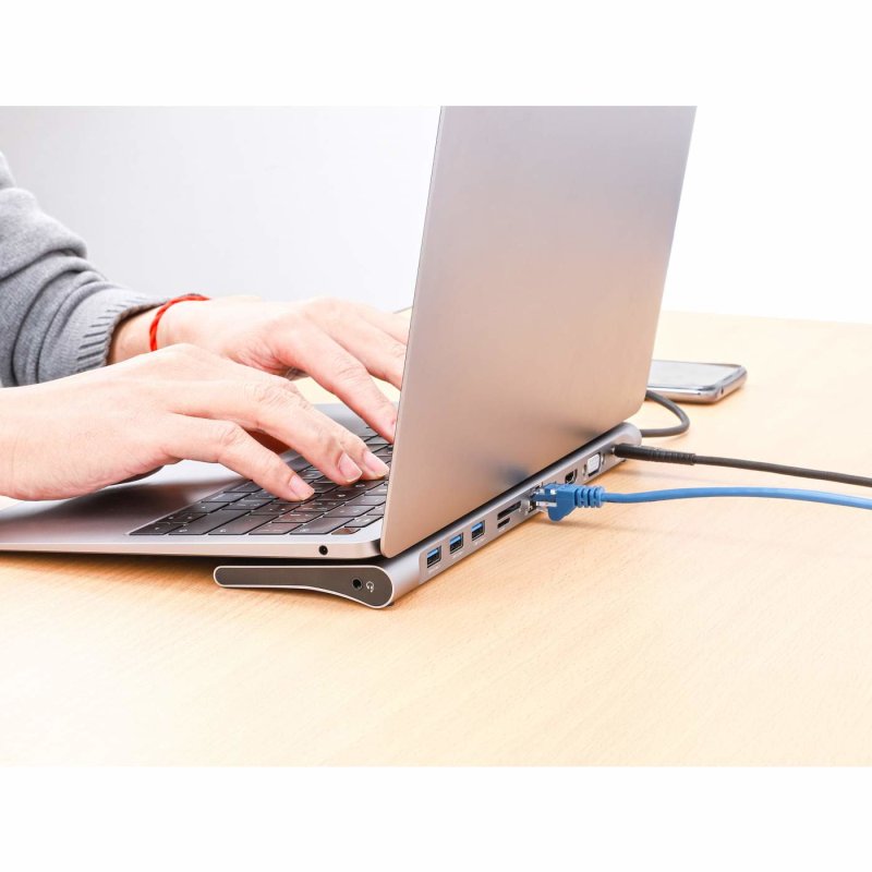 Manhattan USB-C Dock/Hub with Card Reader and MST, Ports (x9): Audio 3.5mm, Mini DP, Ethernet, HDMI, USB-A (x3), USB-C