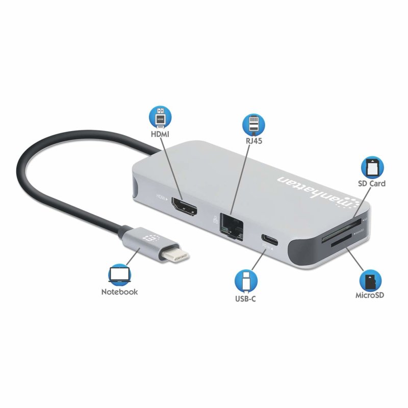 Manhattan USB-C Dock/Hub with Card Reader, Ports (x6): Ethernet, HDMI, USB-A (x3) and USB-C, With Power Delivery (10W)