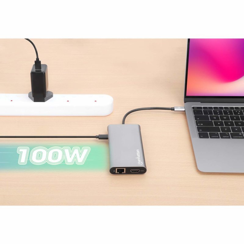 Manhattan USB-C Dock/Hub with Card Reader and MST, Ports (x10): Ethernet, 4K HDMI (X3), USB-A (x3) and USB-C (x2), With
