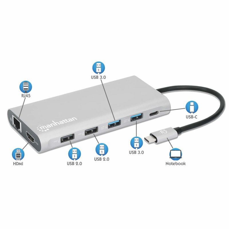 Manhattan USB-C Dock/Hub with Card Reader and MST, Ports (x10): Ethernet, 4K HDMI (X3), USB-A (x3) and USB-C (x2), With