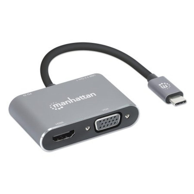 Manhattan USB-C Dock/Hub, Ports (x4): HDMI, USB-A, USB-C and VGA, With Power Delivery (87W) to USB-C Port (Note add
