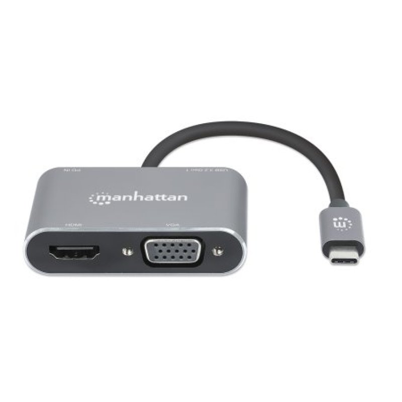 Manhattan USB-C Dock/Hub, Ports (x4): HDMI, USB-A, USB-C and VGA, With Power Delivery (87W) to USB-C Port (Note add