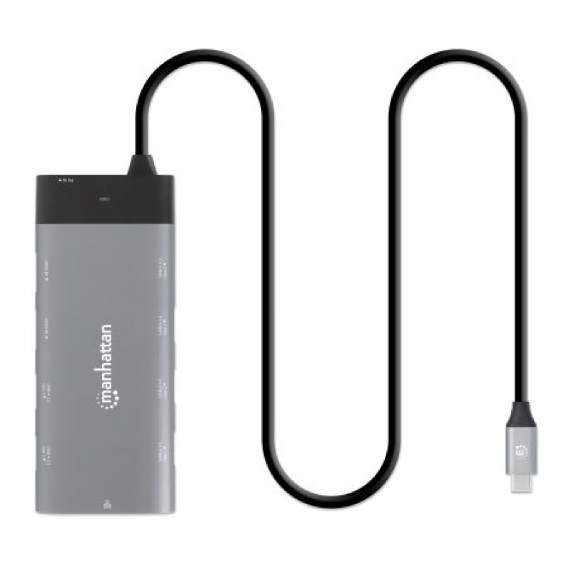 Manhattan USB-C Dock/Hub, Ports (x10): Ethernet, HDMI (x2 8k), USB-A (x5) and USB-C (x2), With Power Delivery (100W) to