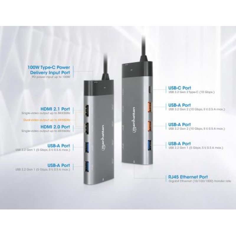 Manhattan 130714 station d'accueil Avec fil USB 3.2 Gen 2 (3.1 Gen 2) Type-C Gris