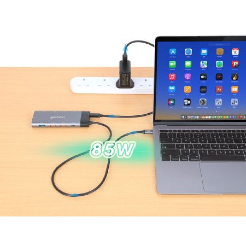 Manhattan USB-C Dock/Hub, Ports (x10): Ethernet, HDMI (x2 8k), USB-A (x5) and USB-C (x2), With Power Delivery (100W) to