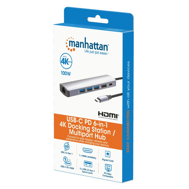 Manhattan USB-C Dock/Hub, Ports (x6): Ethernet, HDMI, USB-A (x3) and USB-C, With Power Delivery (100W) to USB-C Port