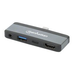 Manhattan USB-C Travel Dock/Hub, Ports (x4): HDMI, USB-A, USB-C and 3.5mm audio, With Power Delivery (100W) to USB-C