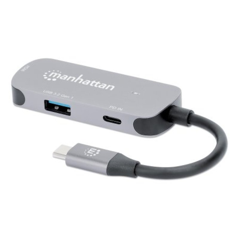 Manhattan USB-C Dock/Hub, Ports (x3): HDMI, USB-A and USB-C, With Power Delivery (100W) to USB-C Port (Note add USB-C